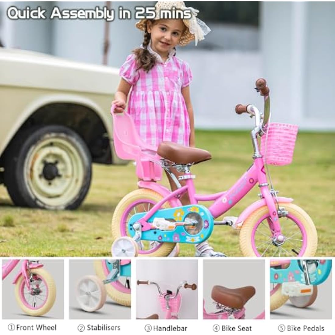 Glerc Maggie  14  Inch Kids Bike for 2-13 Years Old, Girls Bicycle with Doll-Seat & Basket & Stabilisers & Kickstand, Multiple Colors
