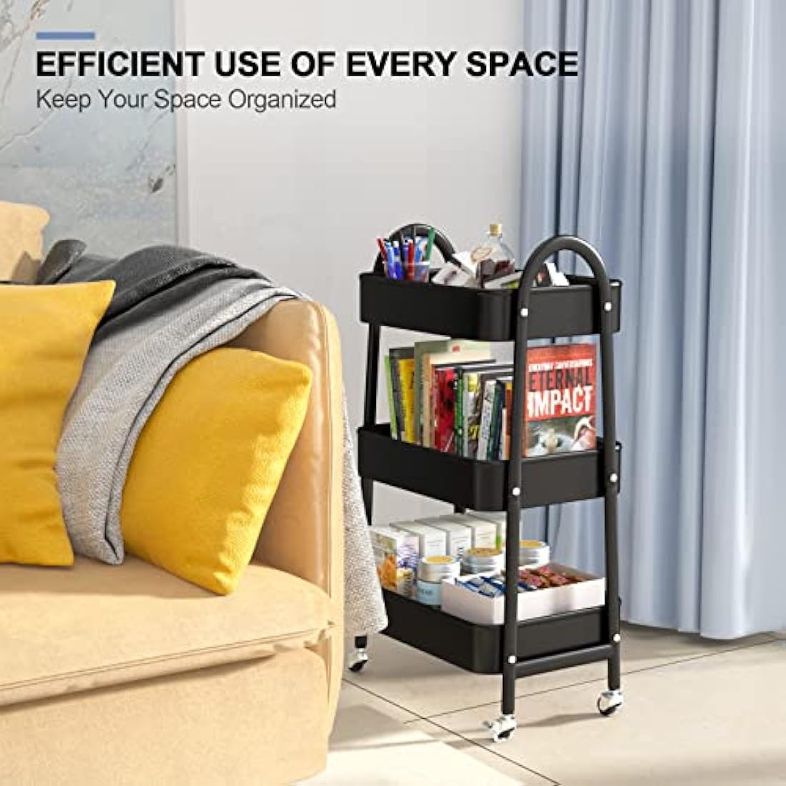 EAGMAK 3 Tier Metal Storage Trolley, Utility Rolling Cart with Handle and Lockable Wheels, Multifunctional Storage Organizer Trolley with Mesh Baskets for Kitchen, Living Room, Office, Garage (Black)