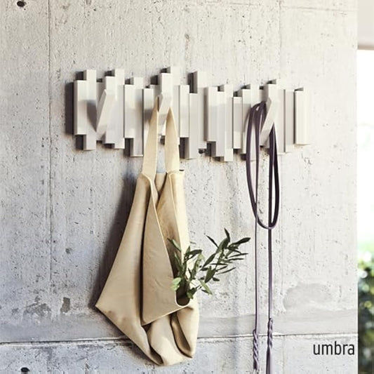 Umbra Sticks Multi Hook Coat Rack - Modern, Unique, Space-Saving Wall Mounted Coat Hanger with 5 Flip-Down Hooks for Hanging Coats, Scarves, Purses and More, White,19-1/8" x 7-1/8" x 1-1/8" h