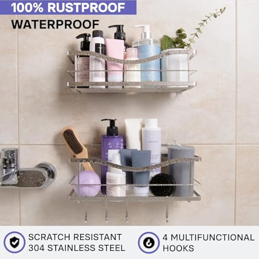 KINCMAX Shower Shelves 2-Pack - Self Adhesive Shower Caddy with 4 Hooks - No Drill Large Capacity Stainless Steel Wall Shelf - Shower Organiser for Inside Bathroom - Matte Black