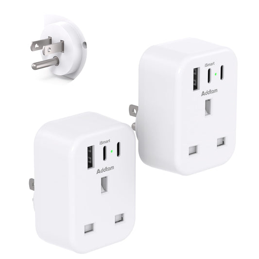 [2 Pack] UK to US Plug Adaptor, USA Travel Adapter with 1 USB & 2 USB C Ports for American, Canada, Mexico, Colombia Grounded Charger, 4 in 1 Plug