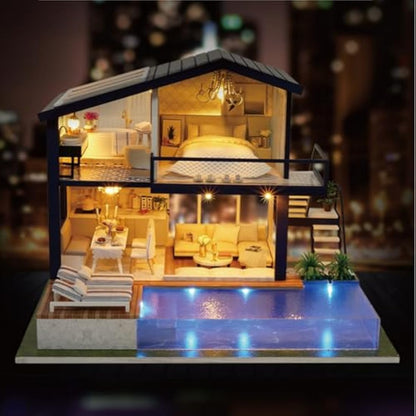 Cuteroom DIY Wooden Dolls House Handcraft Miniature Kit Model & Furniture-Time Apartment With Swimming Pool