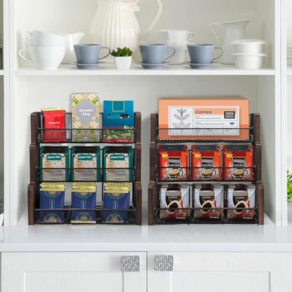 THYGIFTREE 3 Tier Tea Bag Holder, Tea Bag Storage, Solid Wood Tea Bag Organizer Box for Kitchen, Office, Countertop,Sugar Packets, Creamers Holder(Black)