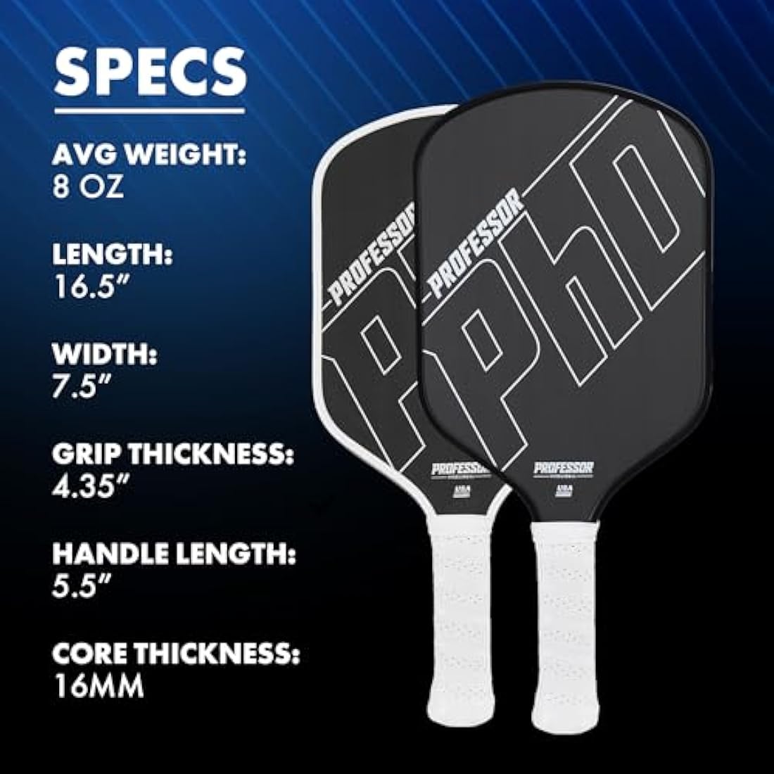 Professor PhD Raw Carbon Fiber Premium Pickleball Paddle Racket - USA Pickleball Approved - Honeycomb Core - Power & Control