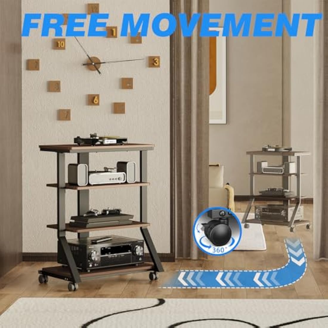 5Rcom HiFi Racks and Stands Audio Rack Cabinet AV Shelf Movement Stand 4 Tiers Wooden Shelves for Turntable Record Player DVD Entertainment Unit Multifunctional Height Adjustable Load Capacity 54KG