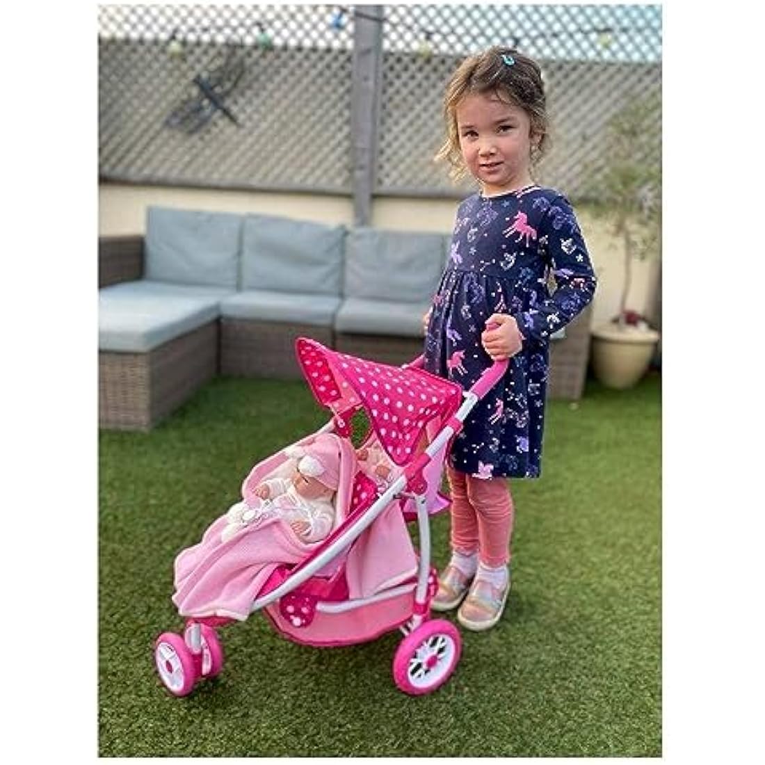 Roma Dotty Dolls Pram with 2 Seats - Dolls Pushchair for 2 Dolls or Teddies, Dolls Double Buggy with Handle Height of 65cm, Suitable for Age 3+, Includes Shopping Basket