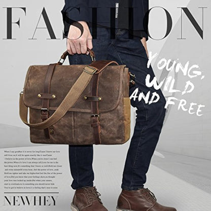 NEWHEY Mens Laptop Shoulder Canvas Messenger Bag Waterproof Computer Briefcase Notebook Vintage Satchel Designer School Work Bags 15.6 Leather