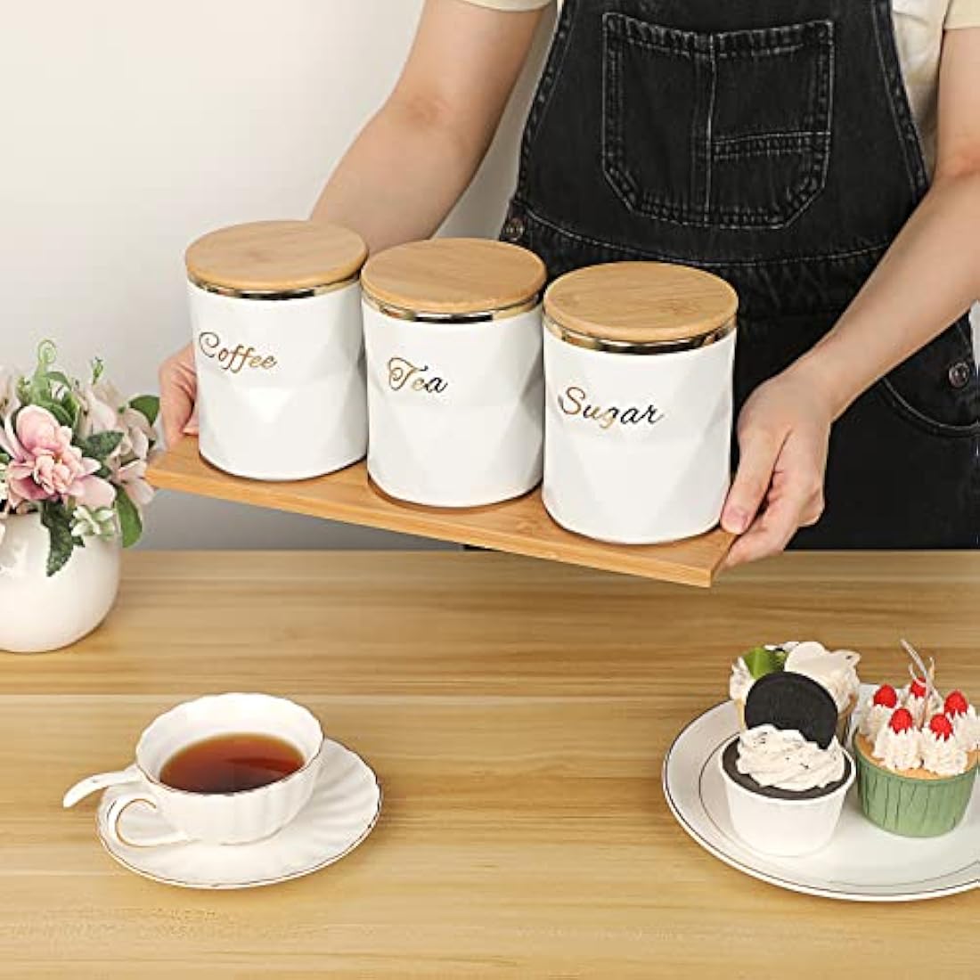 BTSKY White Ceramic Sugar Coffee Tea Canisters with Lid and Tray - Airtight Set of 3 Storage Canisters Food Storage Containers Pots Jars with Bamboo Lid for Kitchen Counter