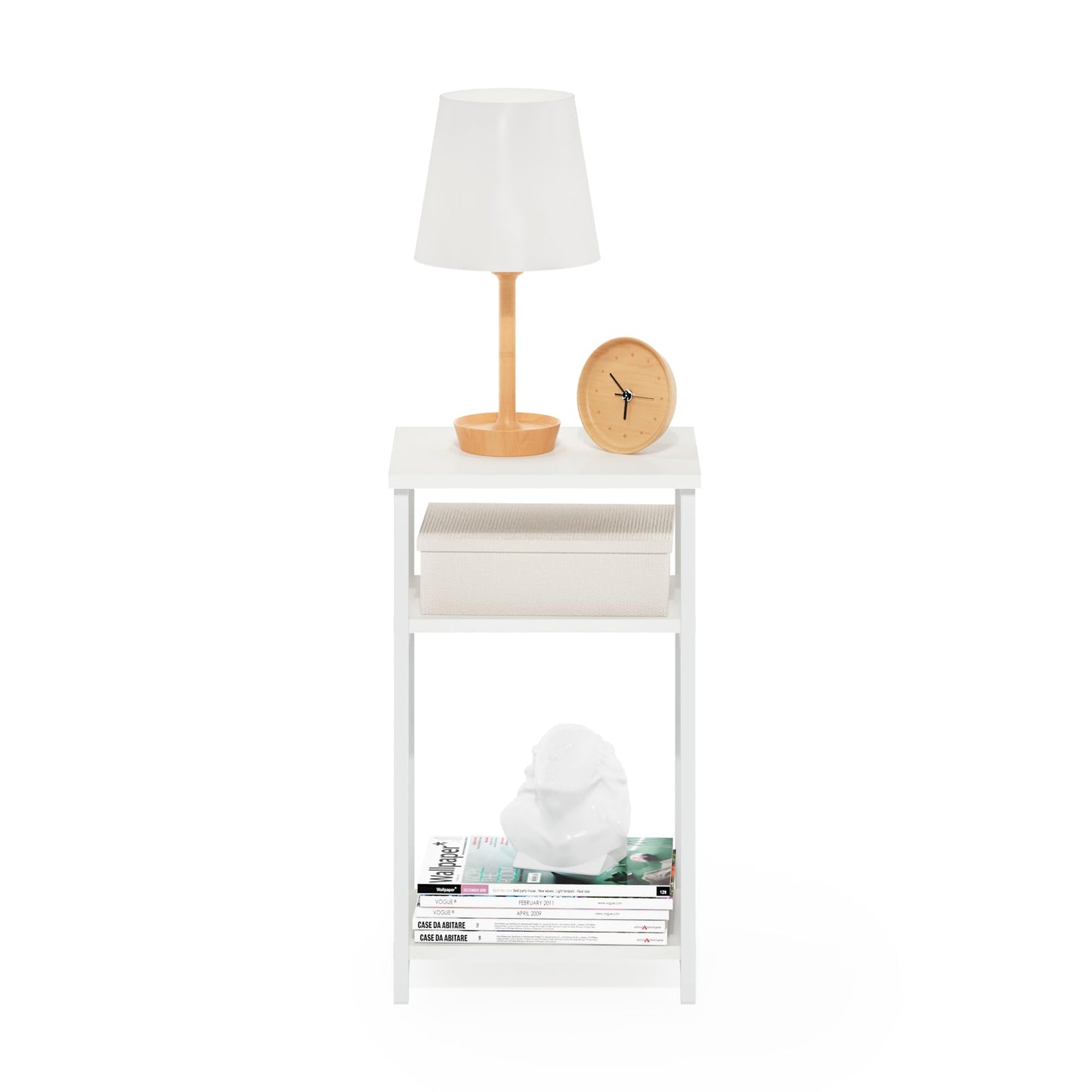 Furinno JUST Side Table, 3-Tier Metal Frame End Table with Open Shelf, Night Stand, Bedside Table, for Living Room, Bedroom, White