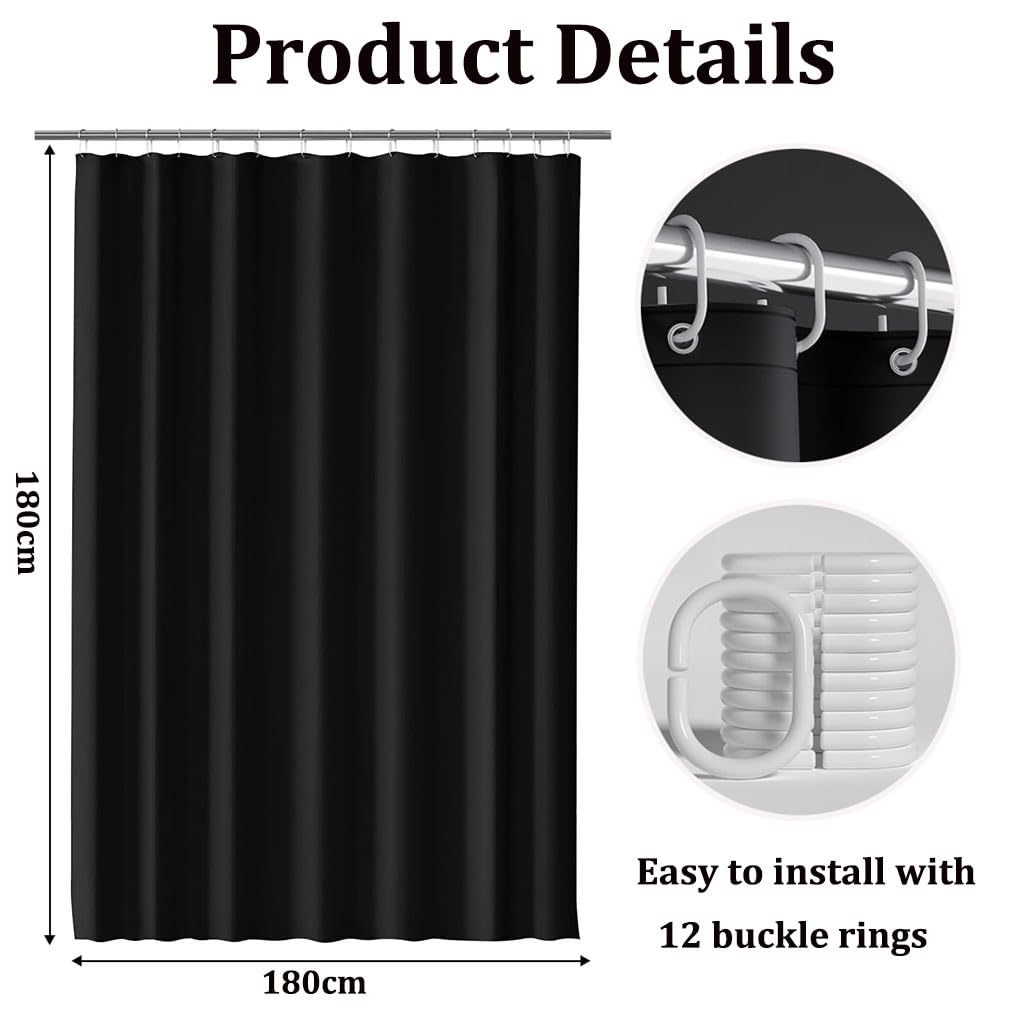Shower Curtain for Bathroom, Water and Mould Resistant PEVA Bathroom Curtain with Grommets & 12 Hooks, Machine Washable, 180 x 180 cm (71 x 71 Inch)