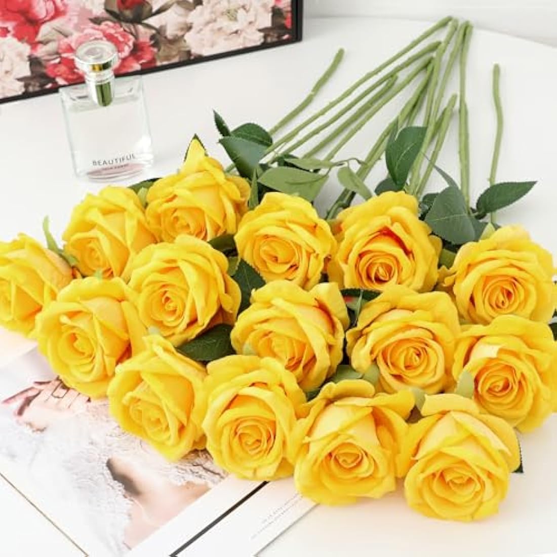 Cloudecor 15Pcs Artificial Roses Velet Real Touch Single Stem Fake Roses Silk Realistic Bouquet Flowers Arrangements Home Office Party Wedding Decoration (Round Roses - Yellow 15p)