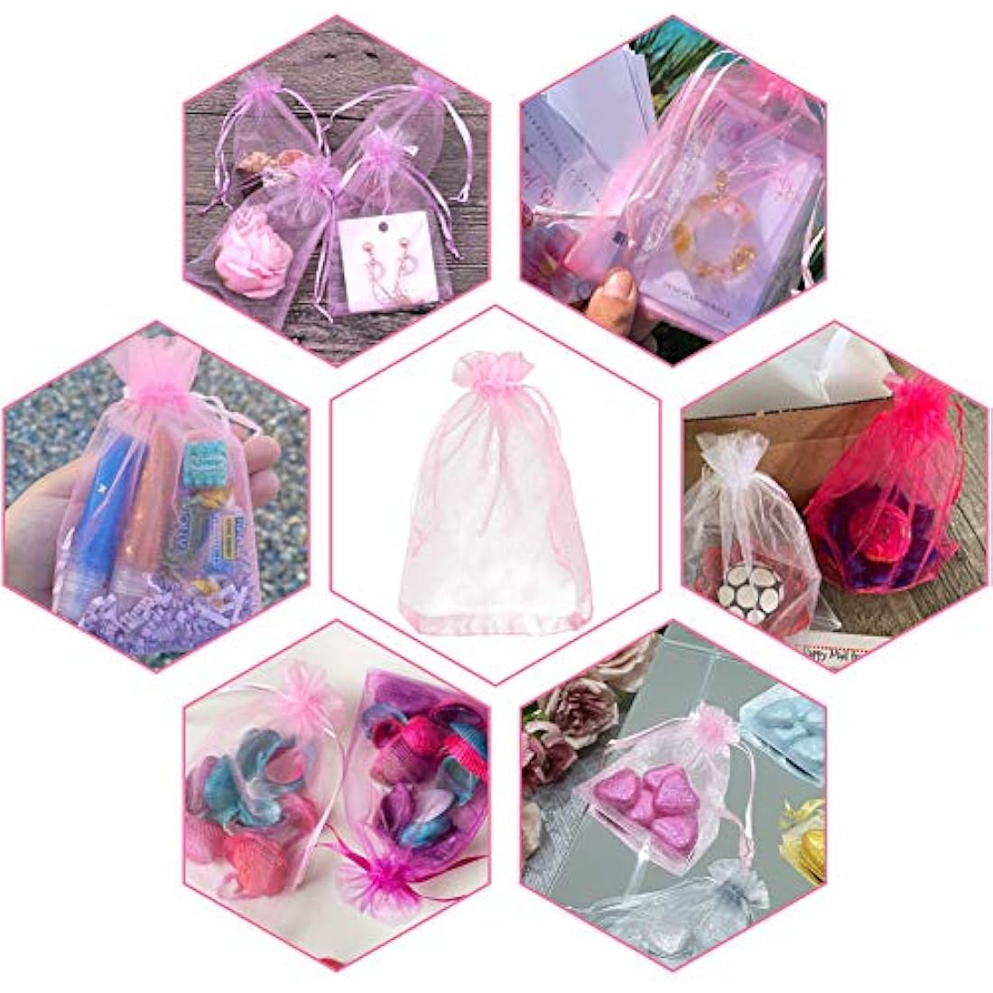 G2PLUS Pink Organza Gift Pouches - 13x18 CM Large Organza Favor Bags, 100 PCS Wedding Jewelry Bags - Clear Mesh Pouches Perfect for Wedding, Christmas, Birthday, Anniversary