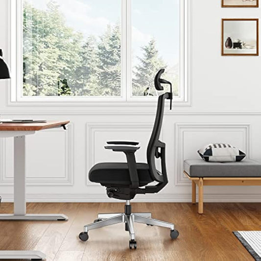 Duwinson Ergonomic Home Office Chair With 4-Way Adjustment Armrest, Mesh Computer Desk Chair, Reclining Adjustment Back Support, Adjustable Headrest, Padded Lumbar Support (Black-PI)