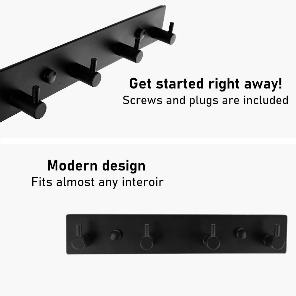 Brute Strength – Stainless Steel wall Coat Rack – Black – 4 Hooks · 25 cm