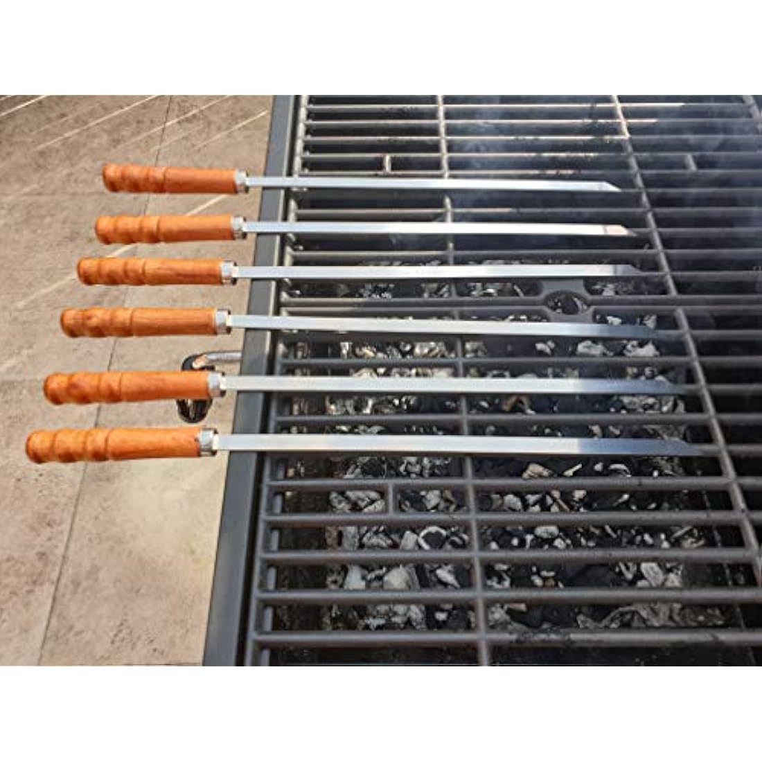 Kebab BBQ Stainless Steel Skewers 6pcs with Wooden Handles. Skewer Length 41cm. Blade Length 30cm Width 1cm Thick 2mm with Storage Pouch