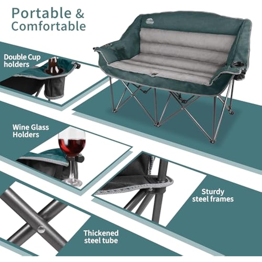LANMOUNTAIN Fully Padded Folding Double Camping Chairs,Comfy Oversized Loveseat Lawn Chair w/Wine Glass Holder,Cup Holder,Heavy Duty Outdoor Portable Camp Couch Support 600 Lbs,Dark Green