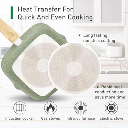 Kitchen Academy 17 Piece Non-Stick Pots and Pans Set, Induction Pan Set, Granite Non-Stick Saucepan Set, Green
