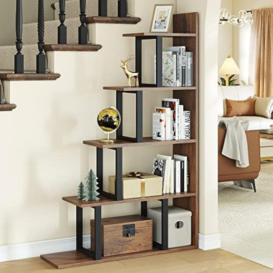 YITAHOME 5-Tier Bookshelf, L-Shape Freestanding Ladder Corner Bookcase, Industrial Vintage Storage Display Rack Shelf for Living Room Bedroom Hallway Office, Retro Brown