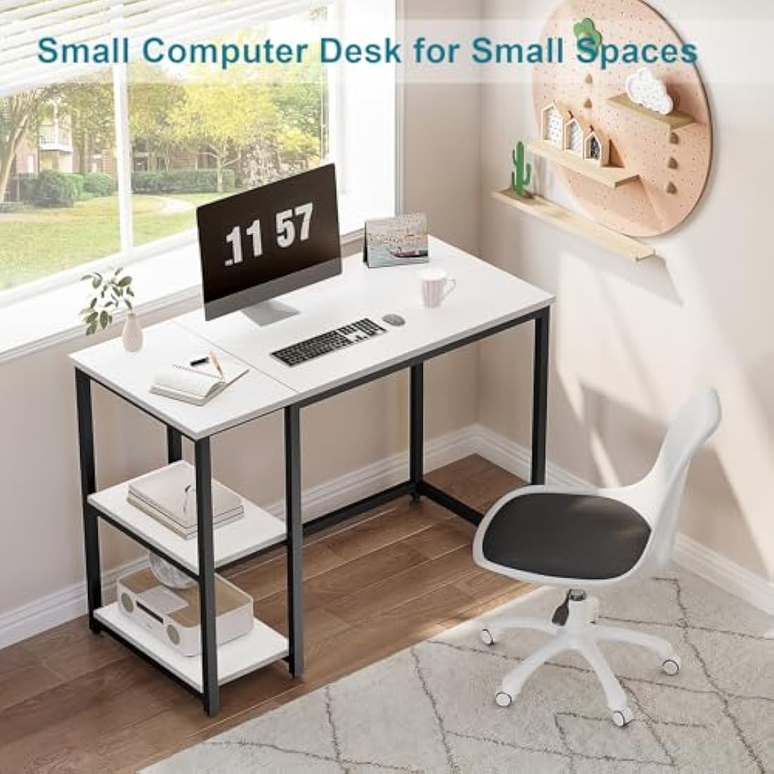 WOHOMO Computer Desk 120cm with 2-Tier Shelves Sturdy Home Office Desk with Large Storage Space Modern Gaming Desk Study Writing Laptop Table, White Desk