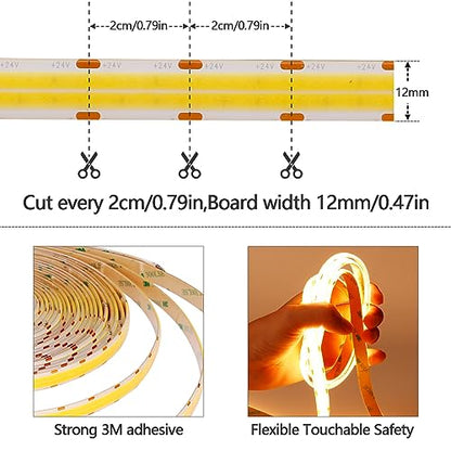 GOMING 32.8ft(10M) DC 24V Double Row COB LED Strip Light Warm White 3000K IP65 Waterproof 6000LEDs CRI 93+ 20000lm Uniform Glow Dotless Flexible LED