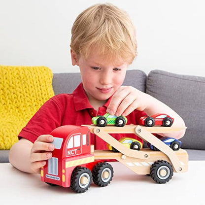 New Classic Toys - Wooden Car Transporter with 4 Vehicles - Montessori Toys, Car Game - Set of 1