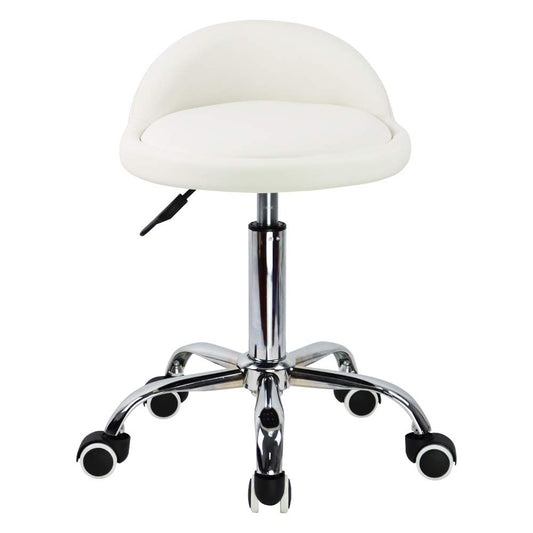 KKTONER PU Leather Round Rolling Stool with Back Rest Height Adjustable Swivel Drafting Work SPA Task Chair with Wheels (White)