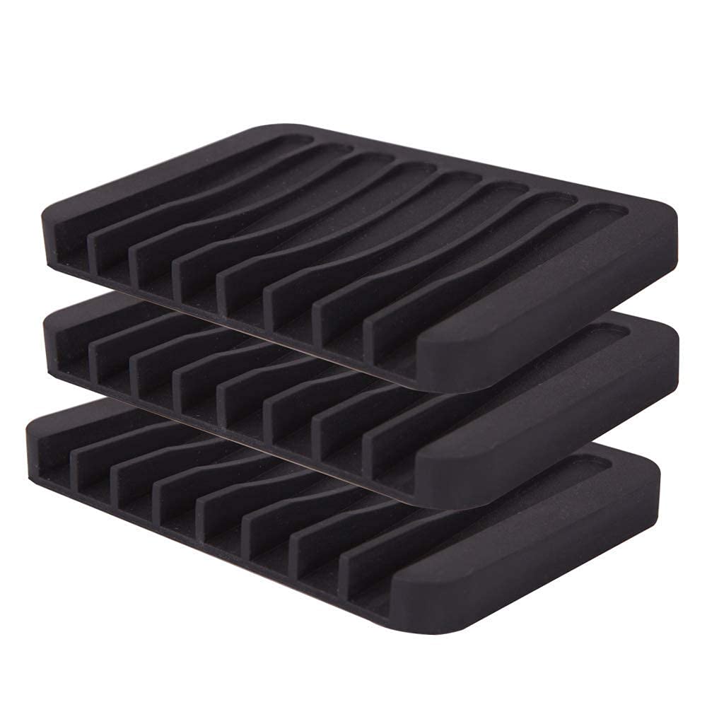 Flexible Silicone Soap Dish - Bathroom Organizer, Water Tray Stand, Non-Slip Box, Drainable Saver Pad for Shower, Kitchen - Black