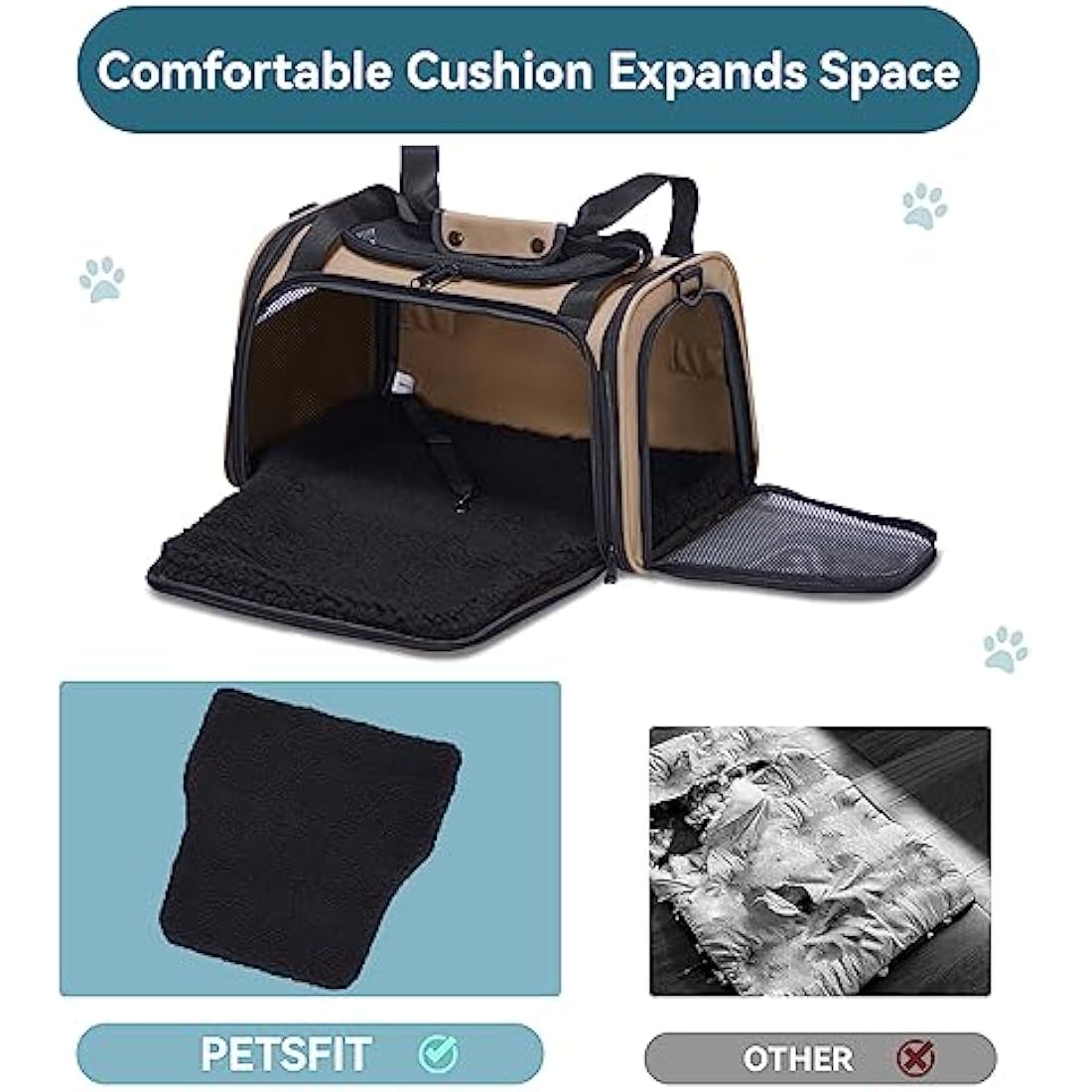 PETSFIT Dog Travel Carrier for Small Dogs with Extendable Fleece Pet Mat, Puppy Dog Carrier with Safety Leash for Pets Up to 25 Lbs (50 * 33 * 33CM, Khaki)