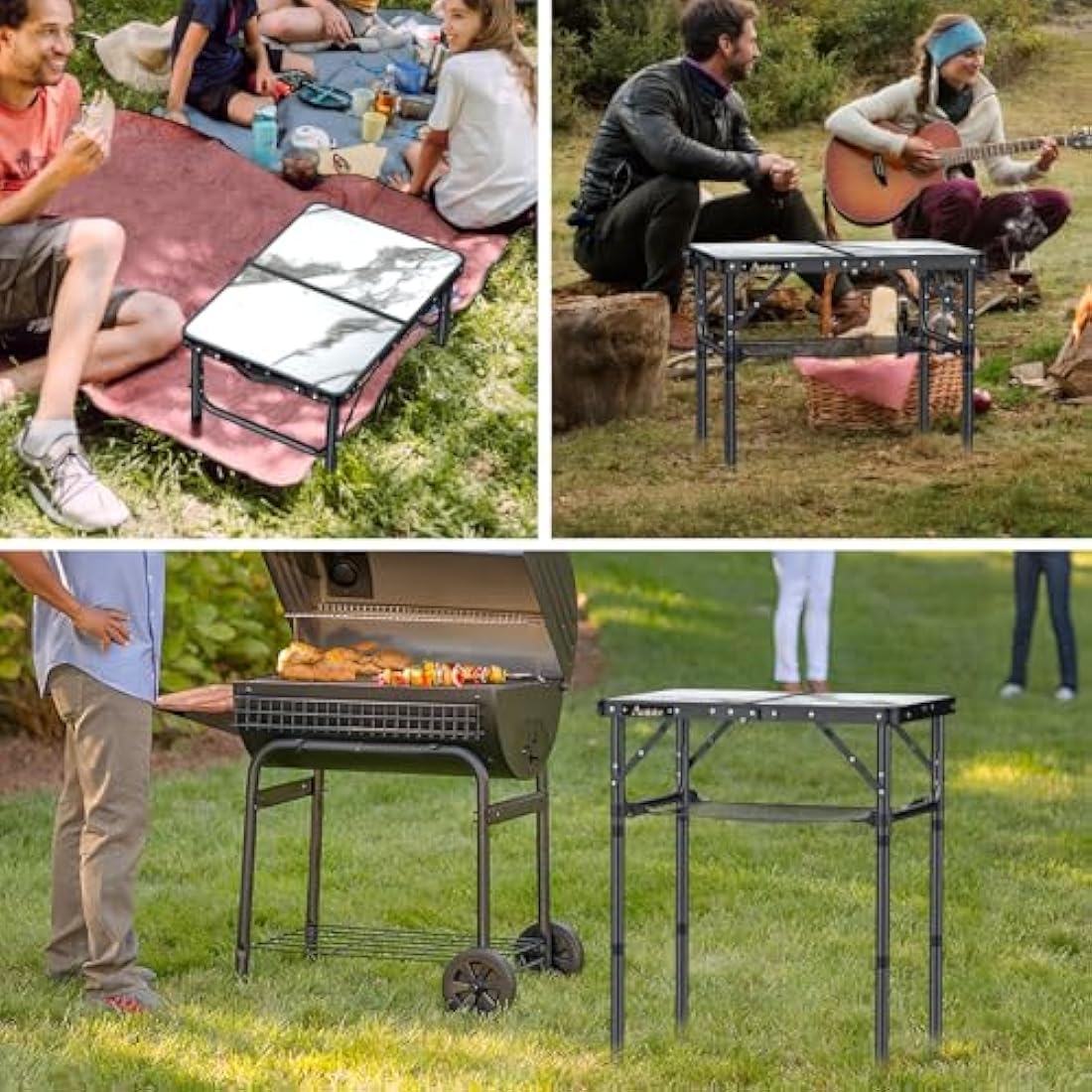 Anbte Folding Camping Table with Storage Net, 3 Adjustable Heights Aluminum Small Folding Table with Carry Handle, Lightweight, for Outdoor Indoor Travel Camping Picnic BBQ Beach, 58 cm x 40 cm