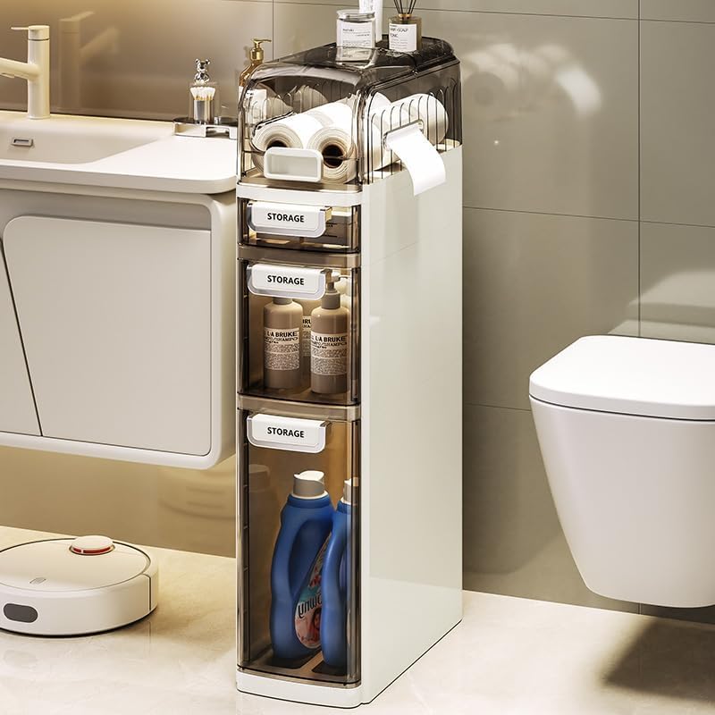 Cachpib 4 Tier Slim Bathroom Storage Cabinet Bathroom Floor Cabinet Waterproof Narrow Storage Cabinet With Drawers Plastic Freestanding Narrow