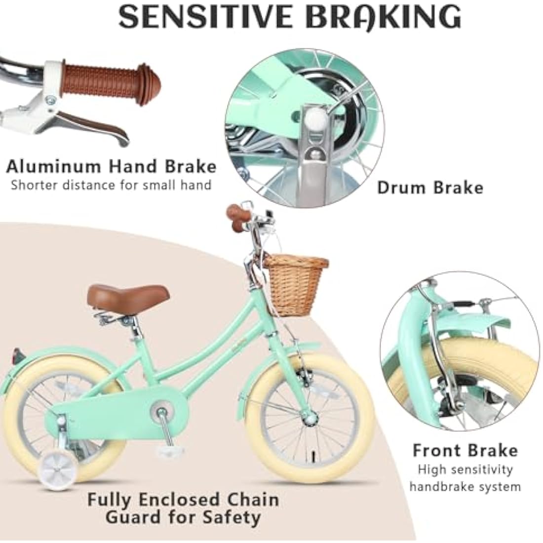 Glerc Little Molly 14 Inch Kids Retro Girls Bike for 2-13 Year Old with Wicker Basket & Stabilisers/Kickstand, Multiple Colors