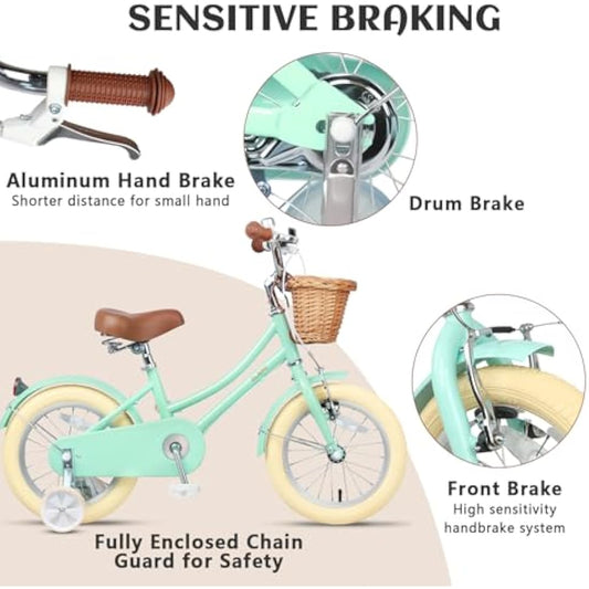 Glerc Little Molly 12 Inch Kids Retro Girls Bike for 2-13 Year Old with Wicker Basket & Stabilisers/Kickstand, Multiple Colors