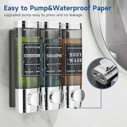 Unisense 3 Chamber Wall-Mounted Shampoo and Conditioner Dispenser for Shower - No Drill, Large Capacity, Chrome