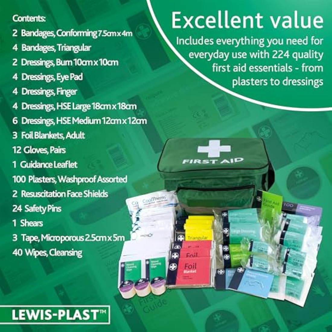 LEWIS-PLAST 224 Pieces All Purpose Large First Aid Kit Haversack - Compact Design for Convenient Storage, Ideal for Home, Office and Sports - Home Medical Kit - Complete First Aid Kit