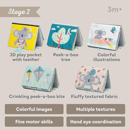 Taf Toys Koala Tummy Time Baby Book – Double-Sided Sensory Cloth Activity Book with Mirror, Crinkle Textures & Teether | Soft Developmental Toy for Newborns 0 Months+