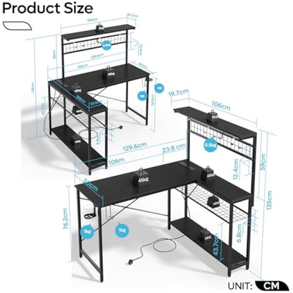 Bestier L-Shaped Gaming Desk with Power Outlets, LED Workstation with 4 Tiers Shelves for Home Office, Gamer Reversible Table with Hooks and Cup (BDCF, 129cm)