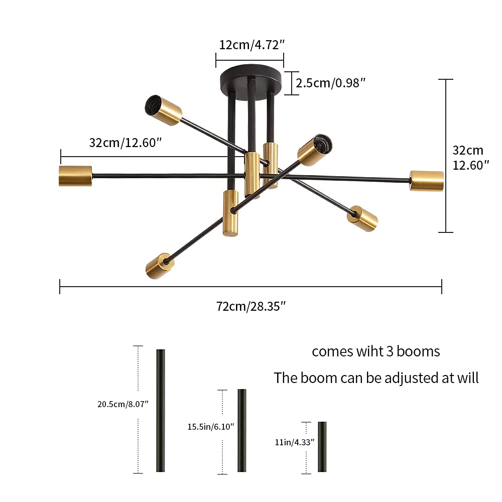 DAXGD Industrial 6-Light Modern Sputnik Ceiling Light, Black Gold, E27 Socket, Semi Flush Mount, 14 x 11 x 38 cm, Suitable for Bedroom, Living Room,
