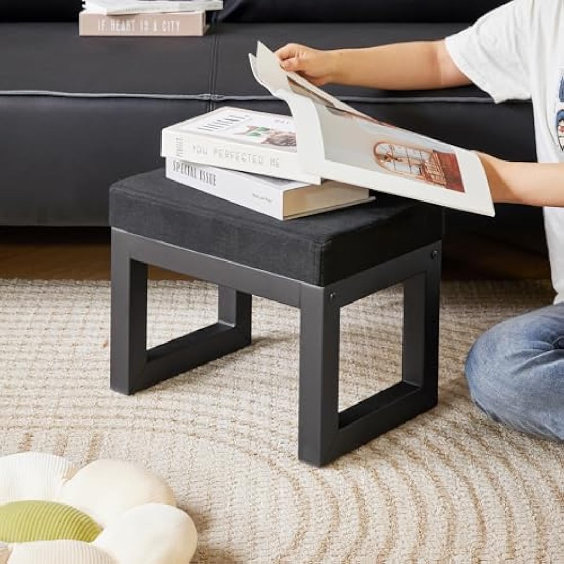 IBUYKE Small Foot Stool with Padded Seat, Pouffe Stool Change Shoe Footrest, Ottoman Footrest Extra Seating for Entryway for Living Room Bedroom,Black WBD001B