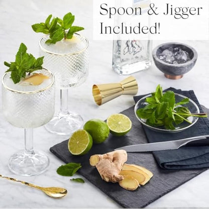 Gin Glasses Set of 2 - Luxury Gin Gifts for Women or Men - Inc 2 x Gold Rim G&T/Cocktail Glasses, Spoon & Double-Sided Measure I Gin Gift Sets for Women I Gin Lovers Copa