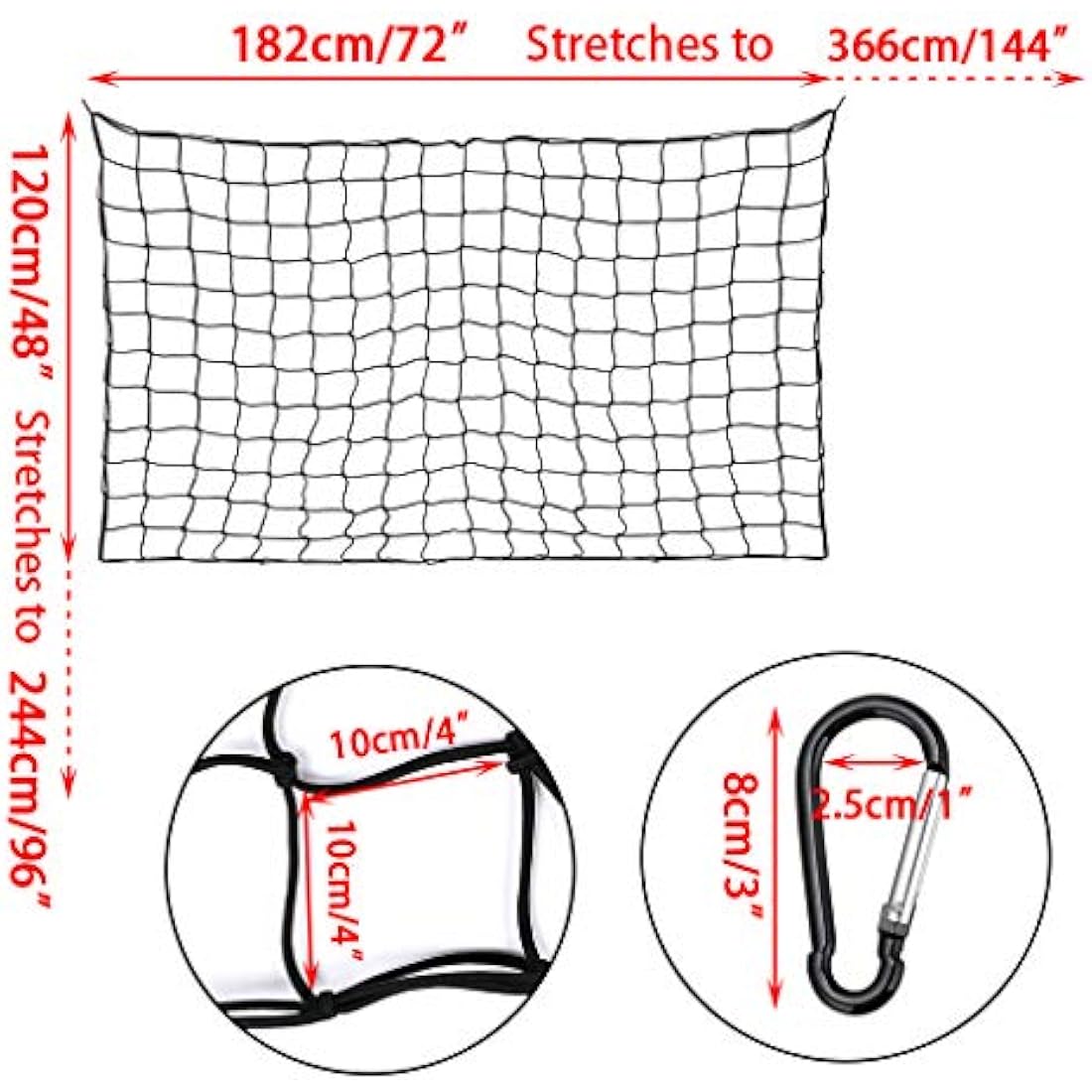 BTSKY 120x182cm to 244x366cm Heavy Duty Bungee Cargo Net with 16 Metal D Clip Carabiners and Tote - Large Capacity Roof Car Trunk Mesh, Travel Luggage Rack Elasticity Roof Luggage Carrier