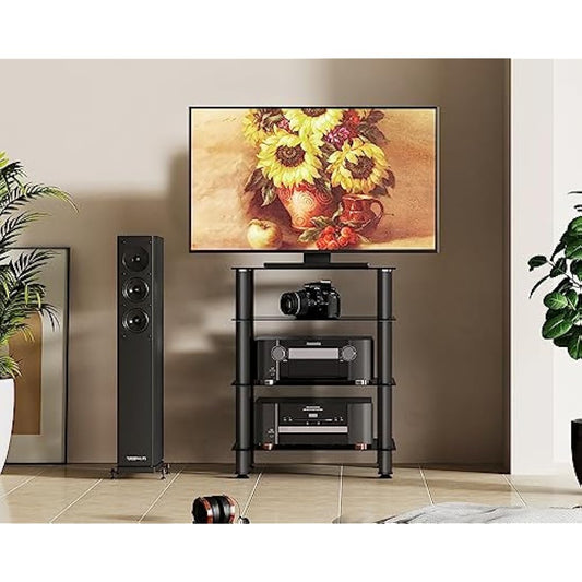 FITUEYES HiFi Rack AV Shelf 4-Tiers Glass TV Stand with Tempered Glass Media Storage Shelves Black