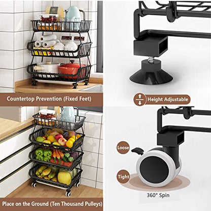 BRIAN & DANY 5 Tier Vegetable Storage Rack, Stackable Fruit Vegetable Stand with Lockable Casters and 5 S-Hooks for Kitchen, Pantry, Bathroom, Garage