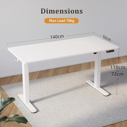 Claiks Electric Standing Desk, Adjustable Height Stand up Desk, 140x60 cm Sit Stand Home Office Desk with Splice Board, White Frame/White Top