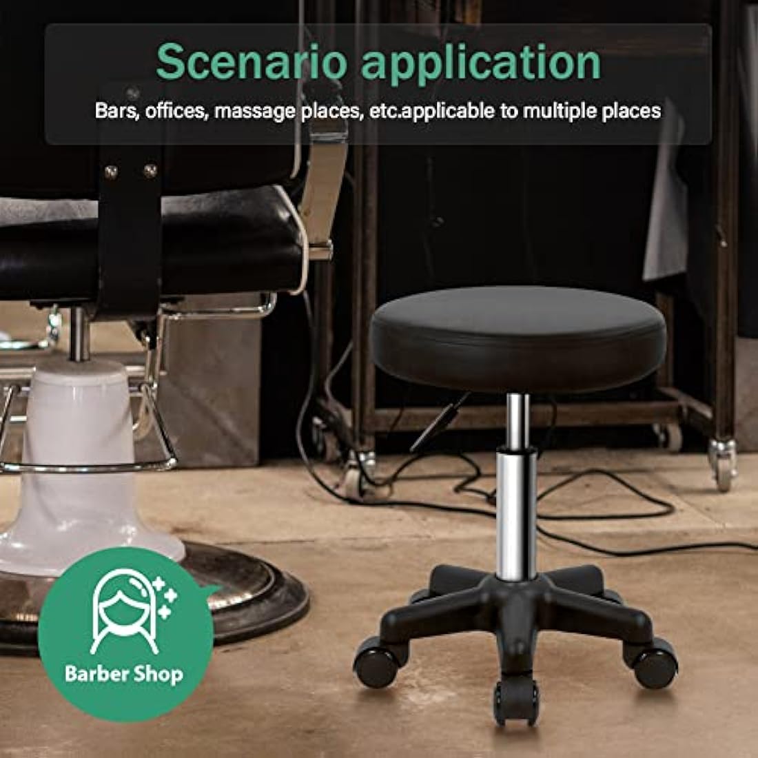 FURWOO Round Rolling Stool with Wheels Height Adjustable Spa Stool for Salon Massage Home Kitchen Black