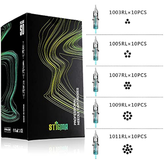 STIGMA 50Pcs Tattoo Cartridges Needles Disposable Mixed #10 Bugpin Round Liner Cartridge 3RL 5RL 7RL 9RL 11RL EN02B-50KIT-R