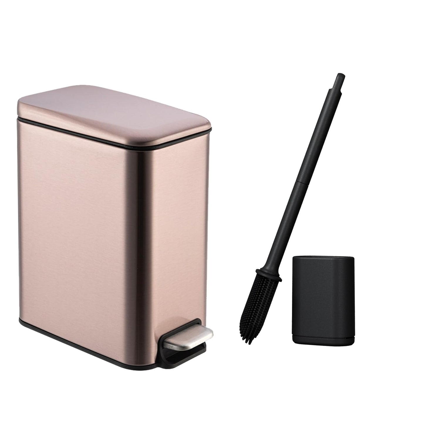 Bathroom Bin with Loo Brush Set, 5L Rectangular Rose Gold Stainless Steel