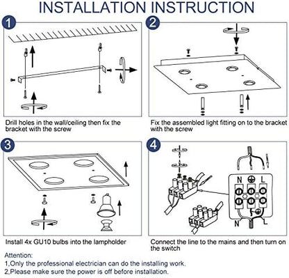 HiBay Modern Ceiling Light Chrome LED Kitchen Spotlight Fittings 4 Way Ceiling Spots GU10 Square Flush Lamp 240V for Bedroom, Living Room, Lounge -Bulbs Not Included