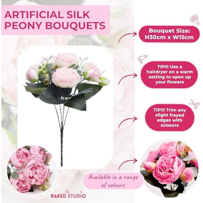 The Baked Studio - Silk Peony and Tea Rose Artificial Bouquet 9 Heads Realistic Fake Plant for DIY Craft Cake Living Room Home Wedding Decoration (Blue)