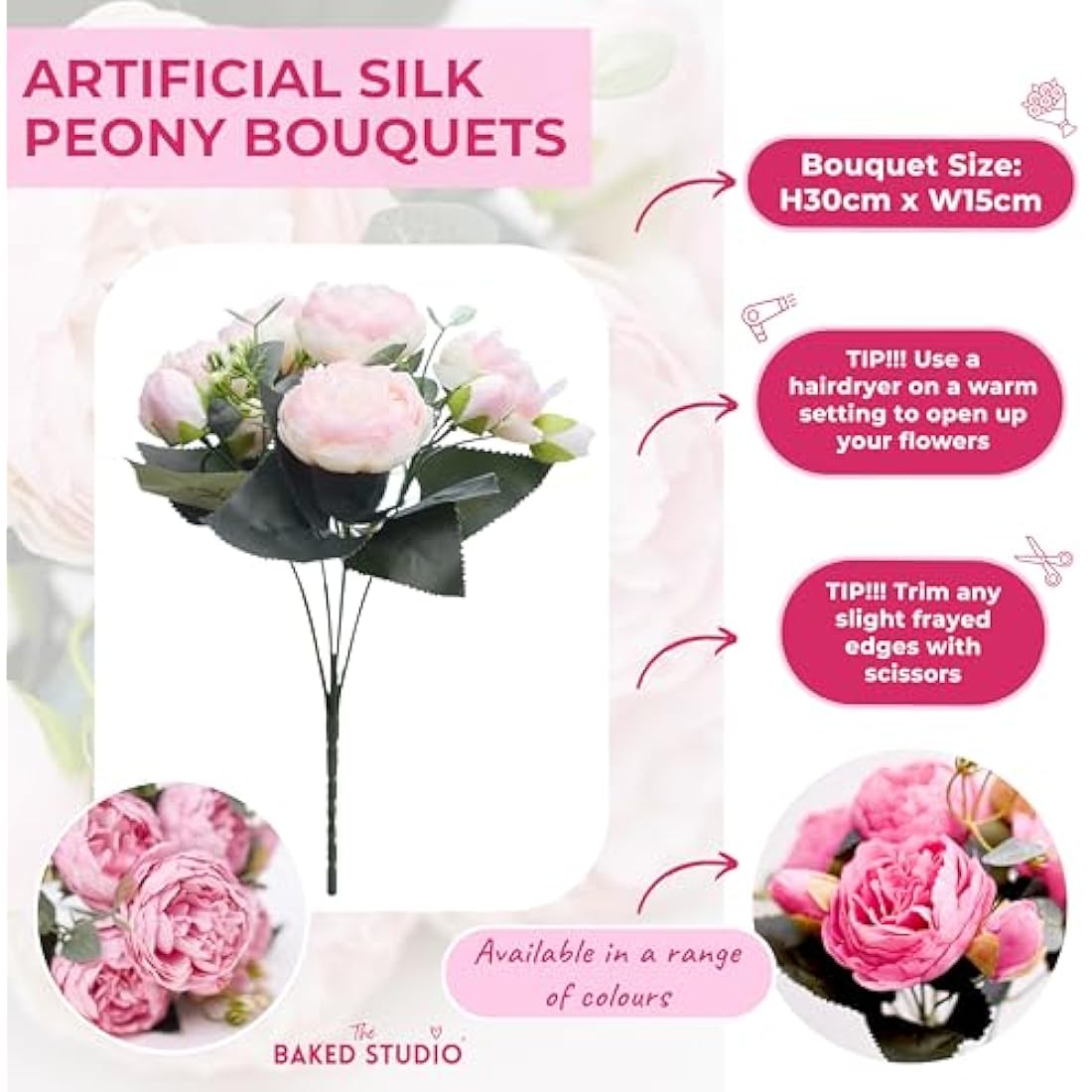 The Baked Studio - Silk Peony and Tea Rose Artificial Bouquet 9 Heads Realistic Fake Plant for DIY Craft Cake Living Room Home Wedding Decoration (YELLOW)