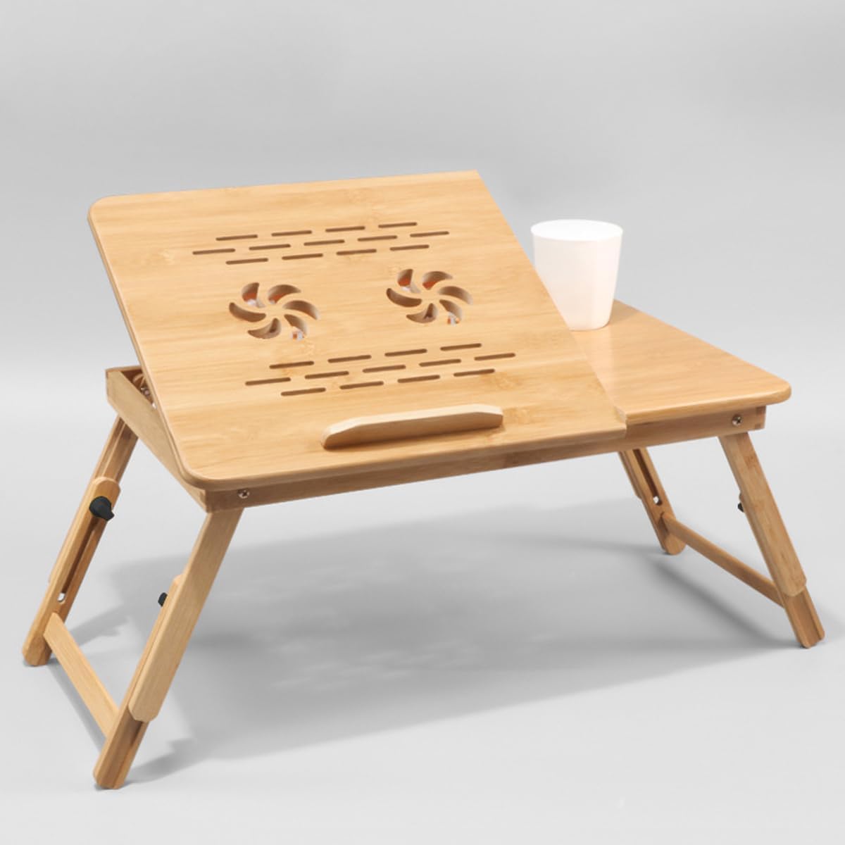 YANGHX Bamboo Adjustable Laptop Desk with Cooling Fan, Laptop Stand with Adjustable Trays, Small Drawer
